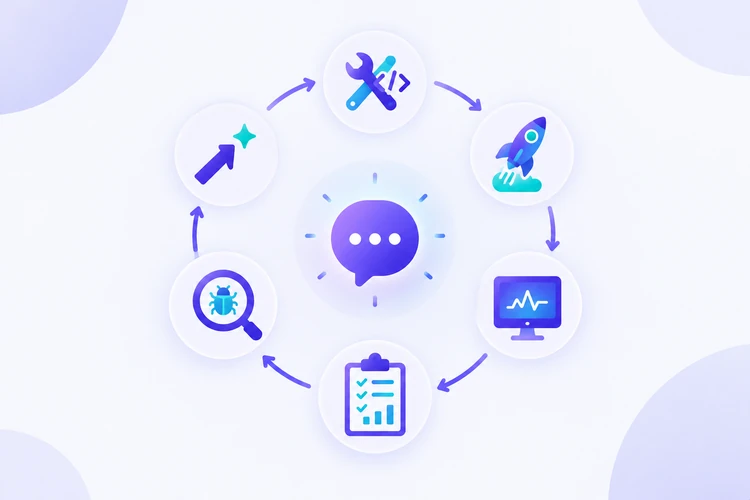 Circular LLMOps lifecycle showing build, deploy, monitor, evaluate, debug, and improve stages around an AI model.