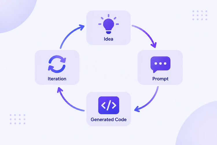 Diagram of the vibe coding loop: idea, prompt, generated code, and iteration.