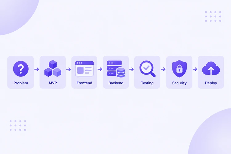 Workflow diagram from problem definition through MVP, development, testing, security, and deployment.