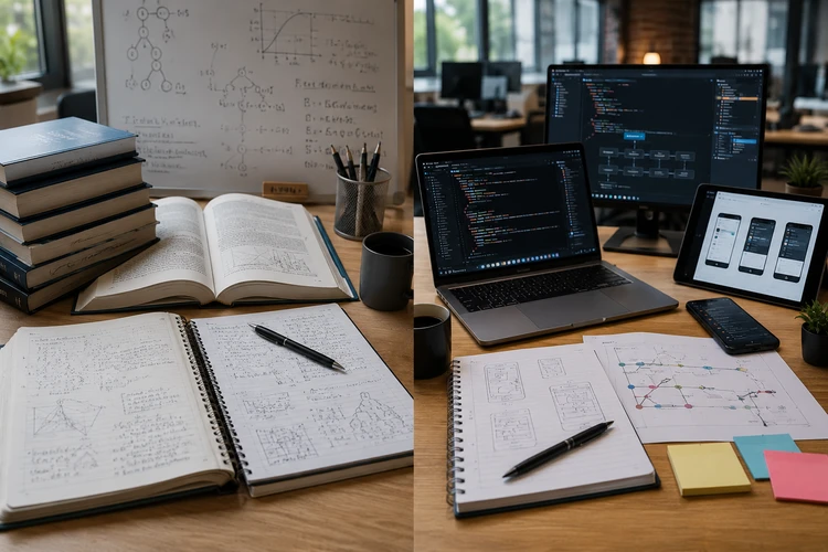 Side-by-side comparison of computer science theory and software engineering portfolio projects, featuring textbooks, mathematical notes, algorithms, code editors, app wireframes, and development workflows on a modern workspace.
